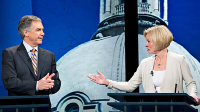 راشل ناتی رهبر ان دی پی در مناظره با جیم پرنتیس 